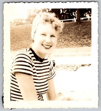 Vtg B&W Snapshot Pretty Smiling Young Woman Striped Shirt Headscarf Park 1950s