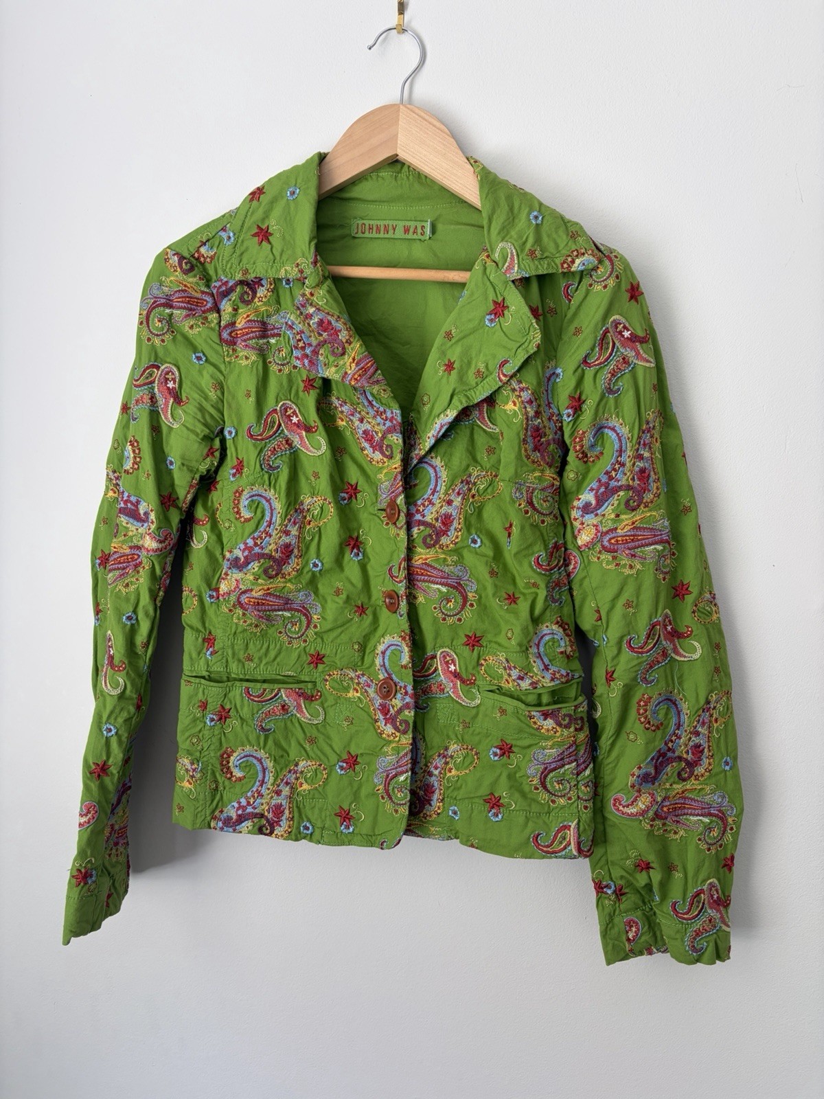 Johnny Was Womens Green Floral Embroidered Cotton Blazer Jacket Size S