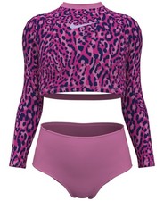 Nike Big Girls Wild Long Sleeve Crop Top and High-Waist Swim Bottoms, 2 Piece Se