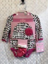 Hello Kitty 3 Piece Set Baby Girl One Piece 0-3 Months Hat And Glove Included