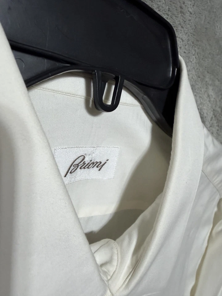 Camisa social masculina Brioni 16 creme manga longa 100% algodão feita na Itália - Imagem 2 de 4