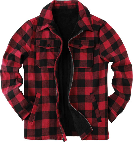Mens Fleece Jacket Sherpa Lined Zip Up Buffalo Plaid Flannel Coat Medium, Red
