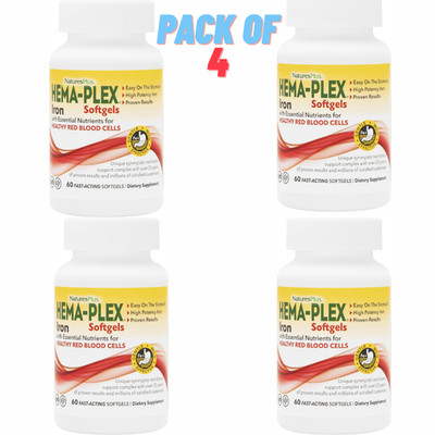 4x Natures Plus Hema-Plex Iron 60 Vcaps - High Strength Blood Support Pack of 4