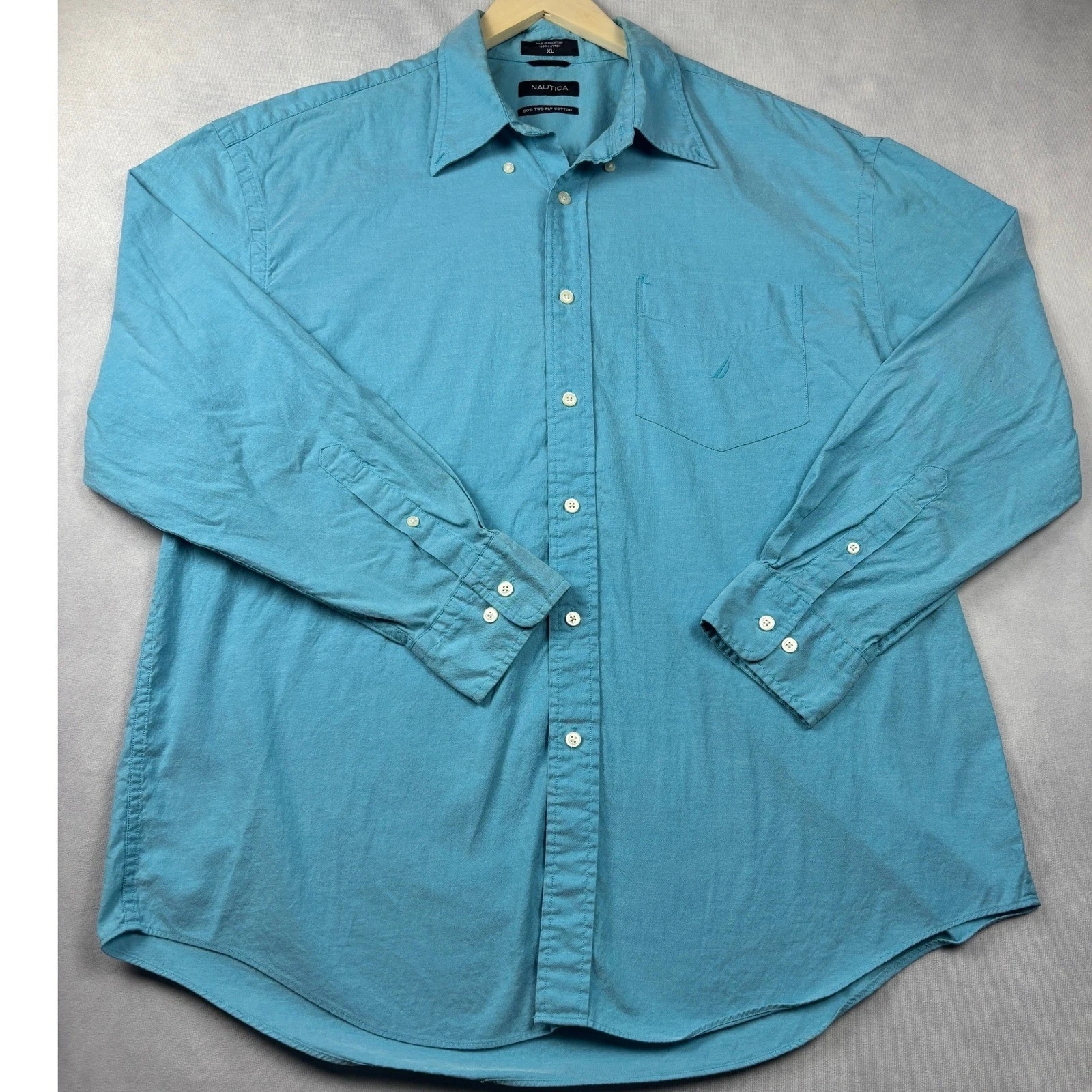 Nautica Mens XL Turquoise Blue 80s Two-Ply Cotton Button Down Long Sleeve Shirt