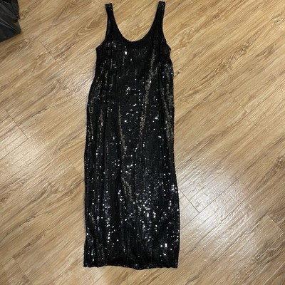 Black Silk Modi Elegant Sleeveless ScoopNeck Sequined Maxi Dress Size 10-12