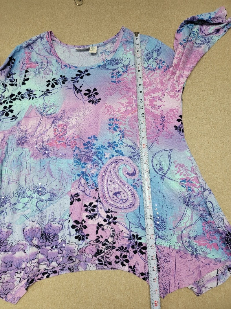 COLLECTIONS ETC Women's Top XXL Sharkbite Floral Sequin  3/4 Sleeve Blue / Pink