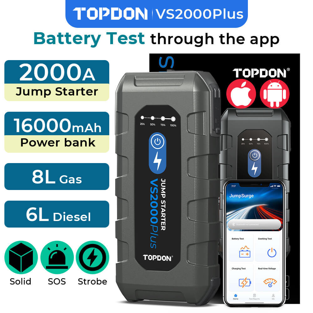 Topdon Battery Tester VS2000Plus 2000 Amp 12-Volt Safe Li Jump Starter Booster