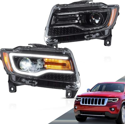 Vland LED Front Headlight Black Housing For 2011-2013 Jeep Grand Cherokee