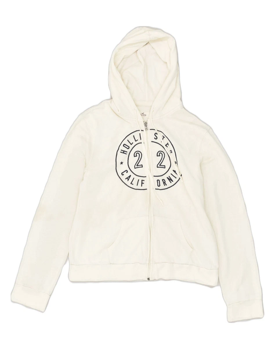 HOLLISTER Womens Graphic Zip Hoodie Sweater UK 14 Large Off White