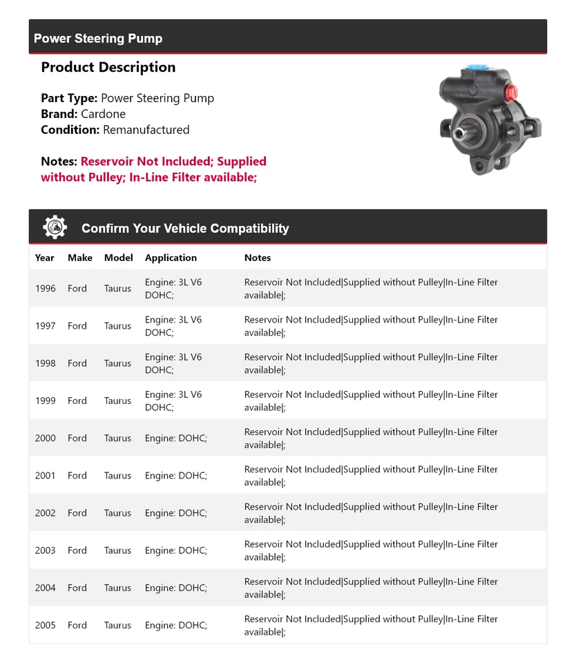 Bomba de dirección asistida Cardone para Ford Taurus 1996-2005 1997 1998 1999 2000 2001 Foto 2 de 4