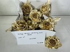 Vintage Metallic Gold Millinery Roses   Glamorous Fabric Flowers Box 35 