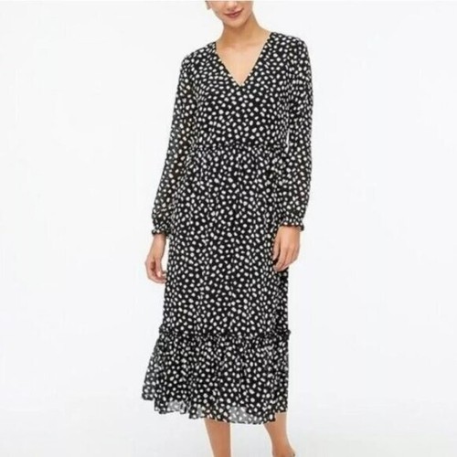 J. Crew Womens Printed Crinkle Shiffon V-Neck Ruffle Hem Midi Dress Size L