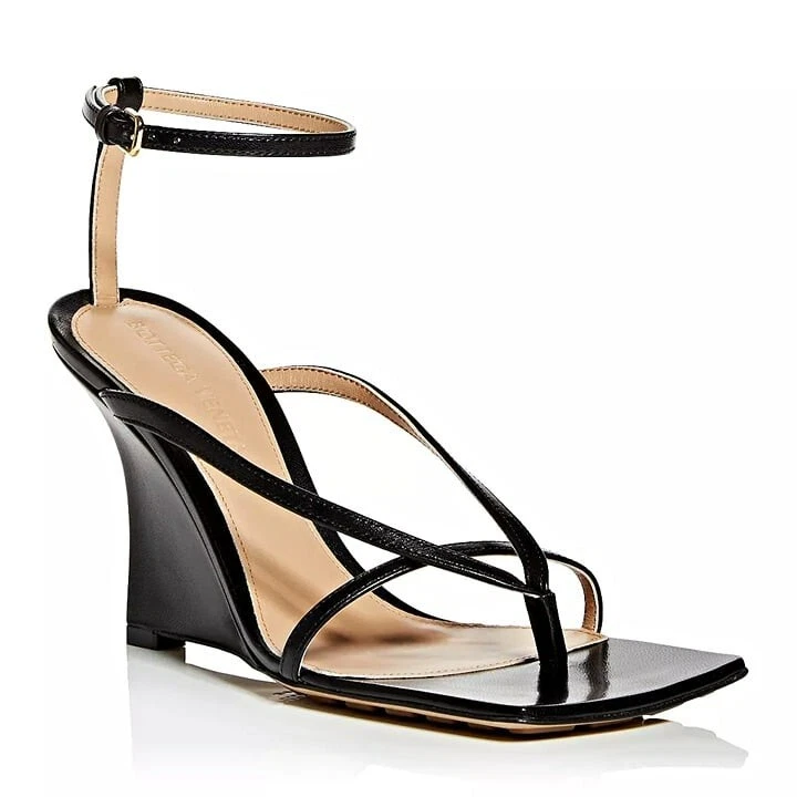 Bottega Veneta Women's Black Stretch Strappy Wedge Sandals Size 39 (MSRP $1,100)