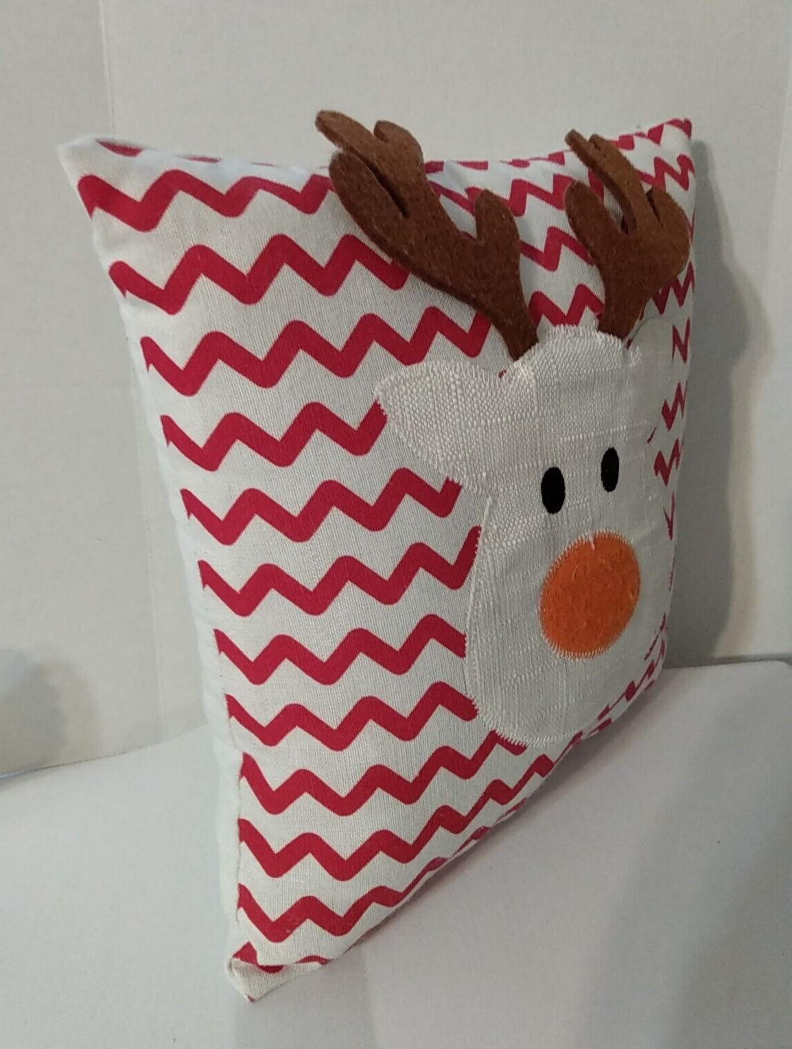 Dimensional Reindeer Red Zig Zag Background 10" Square Christmas Accent Pillow