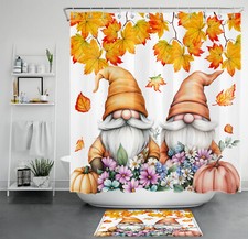 Daisy Floral Pumpkin Funny Fall Gnome Shower Curtain Set for Bathroom Decor