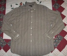 George Men's Large 42/44 Khaki Plaid Wrinkle Free Dress Shirt Button Down