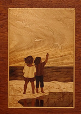 HUDSON RIVER INLAY PICTURE - CHILDREN AT THE BEACH - WOOD MARQUETRY 10X13