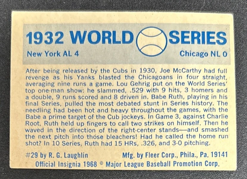 Tarjeta Fleer Laughlin 1970 Serie 1932 Yankees vs Cachorros #29 Lou Gehrig Babe Ruth Foto 2 de 2