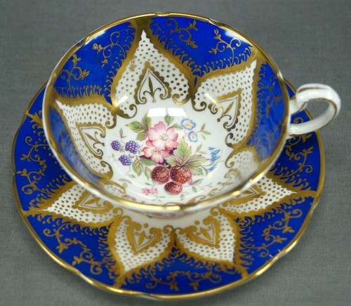 Paragon Strawberries Blackberries Cobalt & Gold Bone China Tea Cup & Saucer