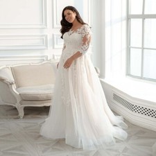 Eleagnt 3/4 Sleeves Wedding Dresses Scoop Neck Lace Applique Plus Size Gowns