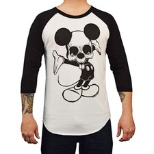 Lowbrow Art Ta Da Mickey Mouse Esqueleto Blanco Negro Camisa de Béisbol Camiseta S-2XL Hombres