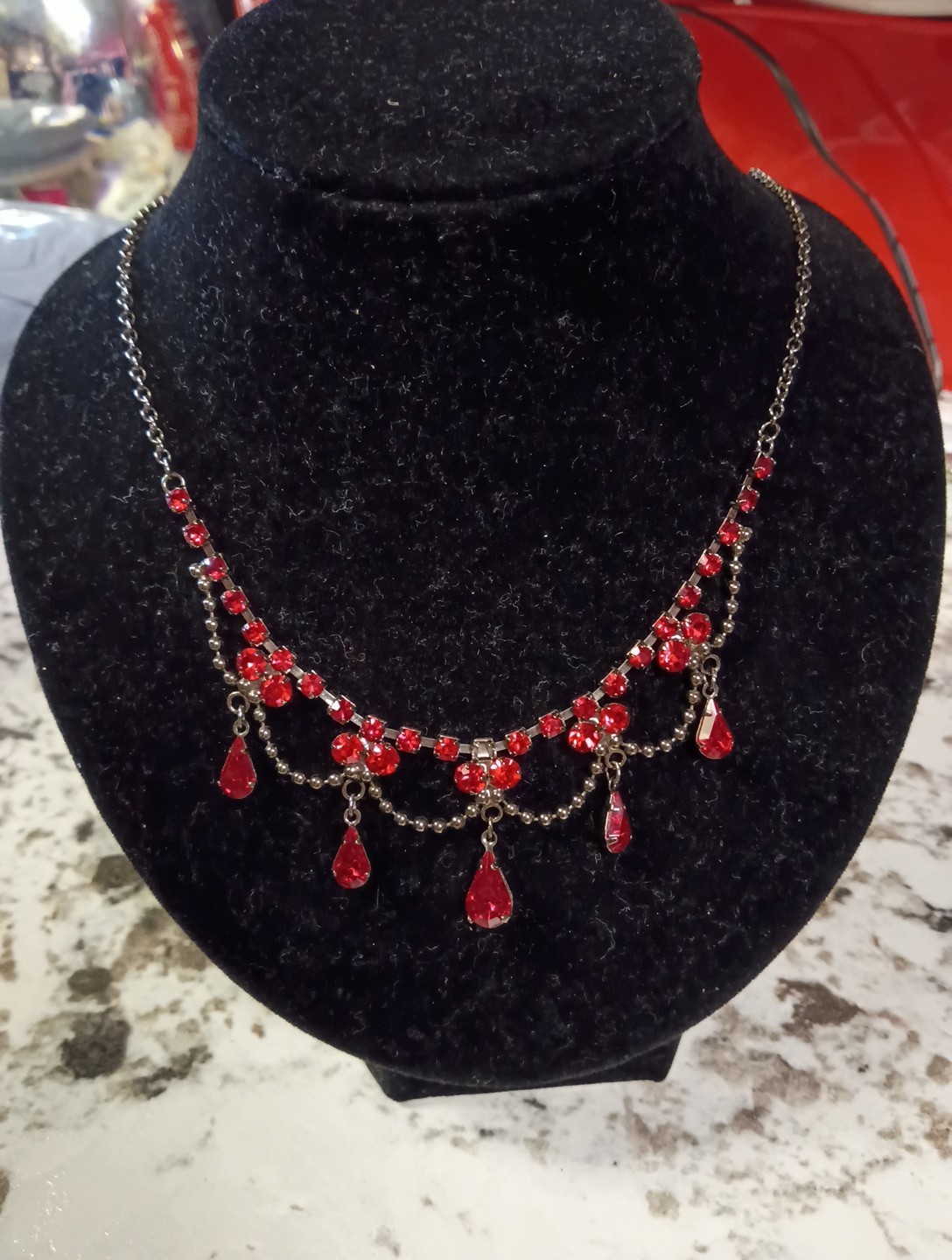 Vintage-Style Red Rhinestone Festoon Necklace 18 In