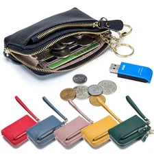 Women's Genuine Leather Small Coin Change Purse Zipper Key Card Wallet Wristlet