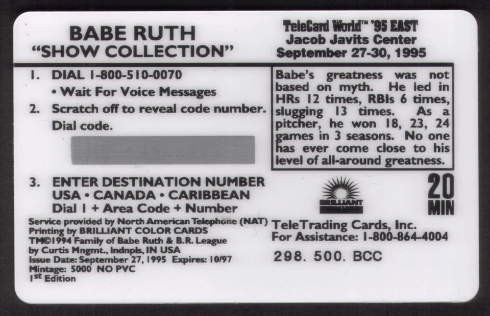 20m Babe Ruth Baseball: Show Collection: babe ruth Swings (Bat Up) Phone Card - Image 2 of 2