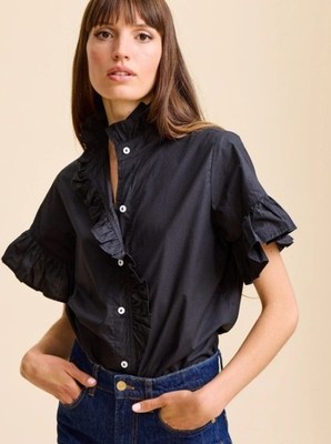 Mille Vanessa Top Black Cotton Button Up Ruffle Size Small Short Sleeve