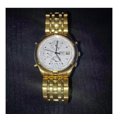 #ad #ad Seiko World Timer Quartz Chronograph Gold Metal Bracelet White Dial Men#x27;s Watch $140.00