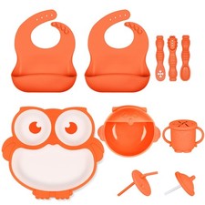 13 PCS Silicone Baby Feeding Set Weaning Suction Bowl Plate Bib Cup Orange