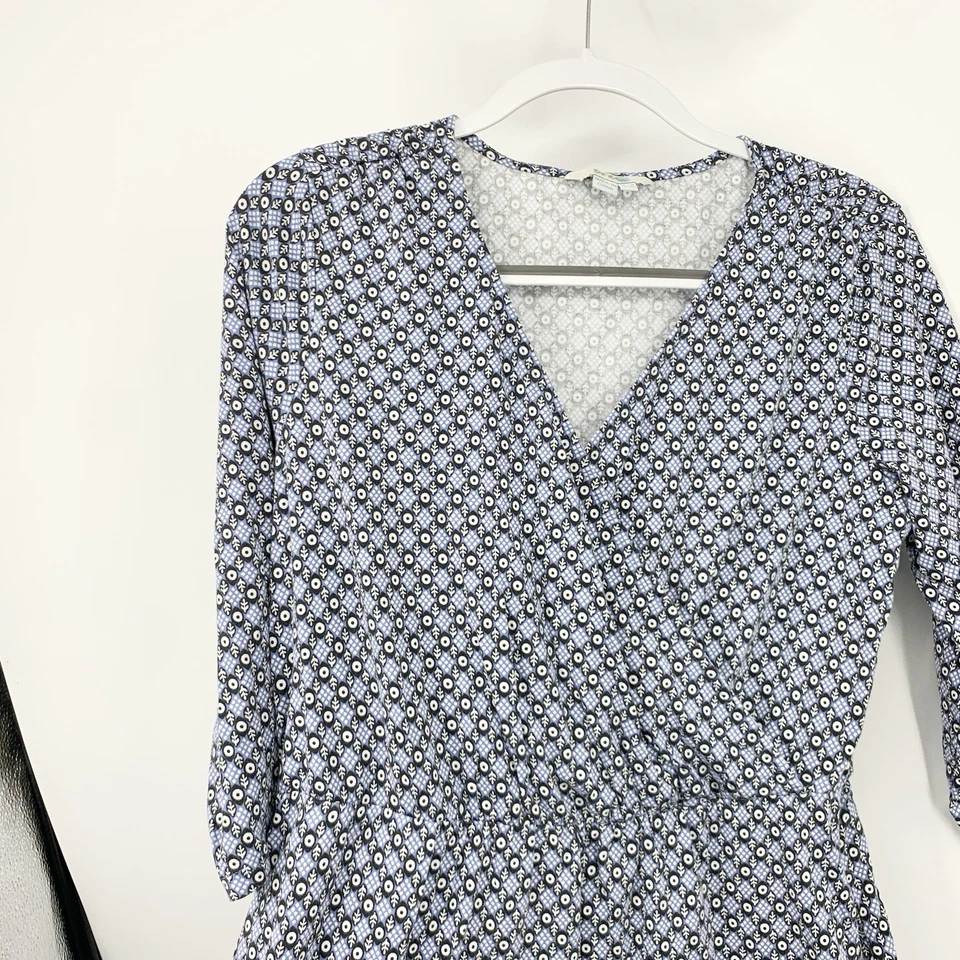 Vestido Boden Mujer Talla 8 Mediano Manga Corta 3/4 Envolvente Azul Blanco Estampado Elástico Foto 3 de 4