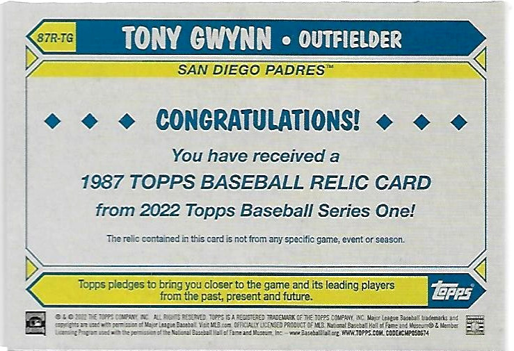 2022 TOPPS BASEBALL TONY GWYNN GAME USED 1987 TOPPS GAME USED JERSEY PATCH SP view 2