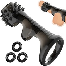 Textured Penis Ring Sleeve with Ball Loop  3 Bonus Rings  Velvet Storage Pouch