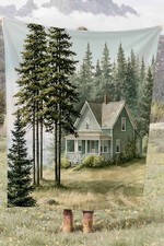 Pine Forest Cottage Coral Fleece Cozy Throw Blanket Farmhouse Elegant