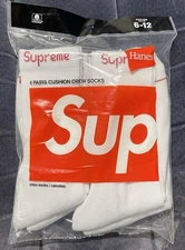 Supreme x Hanes Socks 4 Pack White Mens Size 6-12 Crew Socks Brand New Sealed