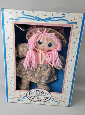 RARE Vintage Dandee Rebecca's World Rag Doll Floral Dress Bonnet Pink Hair 10''