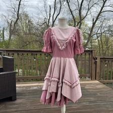 Vintage Handmade Pink Floral Square Dancing Dress With Lace Trimming Ruffle