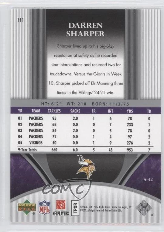 2006 Ultimate Collection /525 Darren Sharper #111 - Image 2 of 2