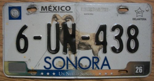 MEXICO state of SONORA LICENSE PLATE - 2011/13 -6-UN-438- DEMOSTRACION / DEALER