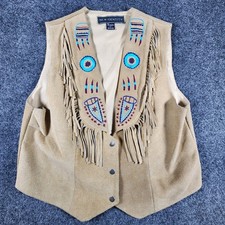 New Identity Native American Suede Leather Vest Womens L Tan Fringe Western Boho