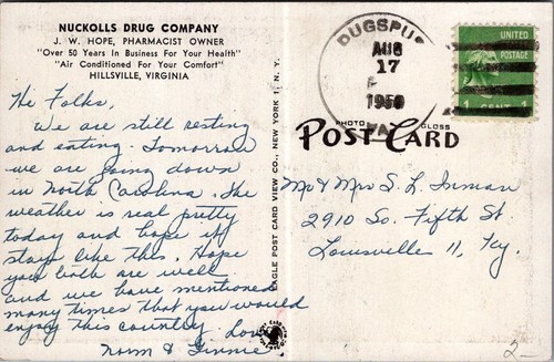 Postkarte Nuckolls Drogerie Hillsville VA JW Hope Apotheker - Bild 2 von 2