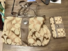 Coach Signature Brown Beige Shoulder Bag w/ Matching Wallet
