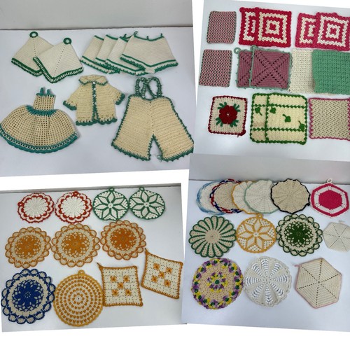 Lot Vtg Crochet Kitchen Potholder Hot Pad Dress Bloomer Panties Floral Shamrock