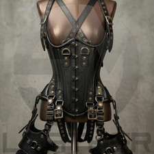 Black Leather Corset Harness   Gothic Cosplay Corset with Straps Alternative Fas