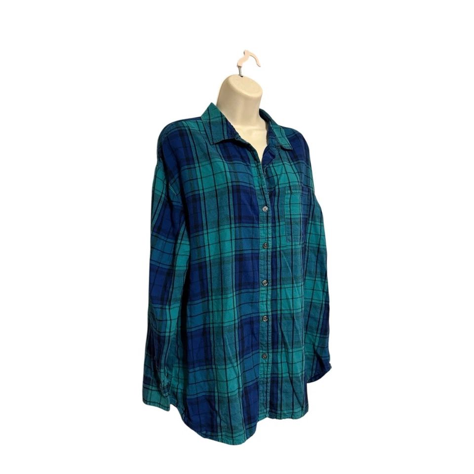 Camisa de franela a cuadros Old Navy Boyfriend L grande azul verde algodón abotonada Foto 3 de 4