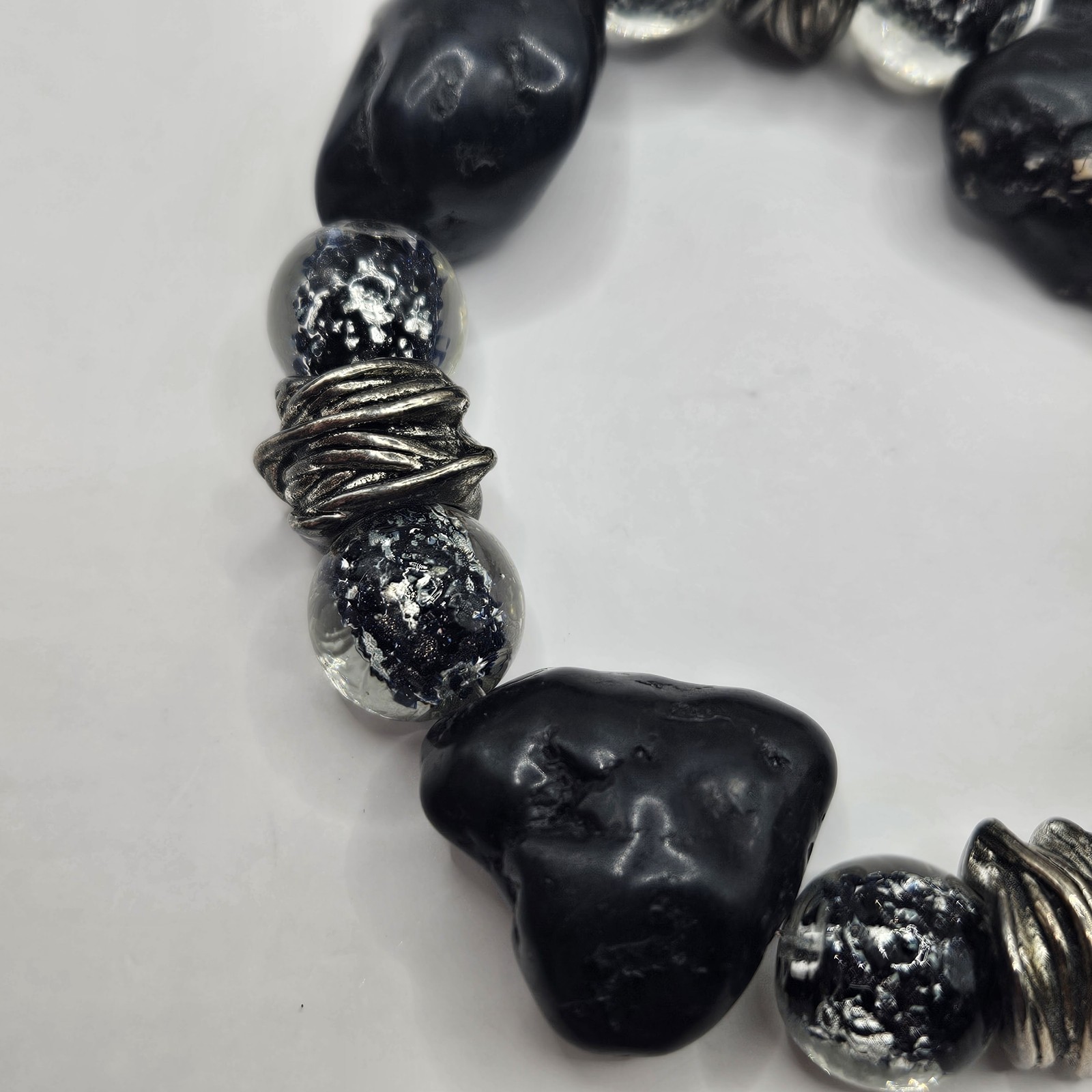 Handmade Lava Stone And Silver Foil Bead Bracelet Chunky Blue Black Boho Earthy