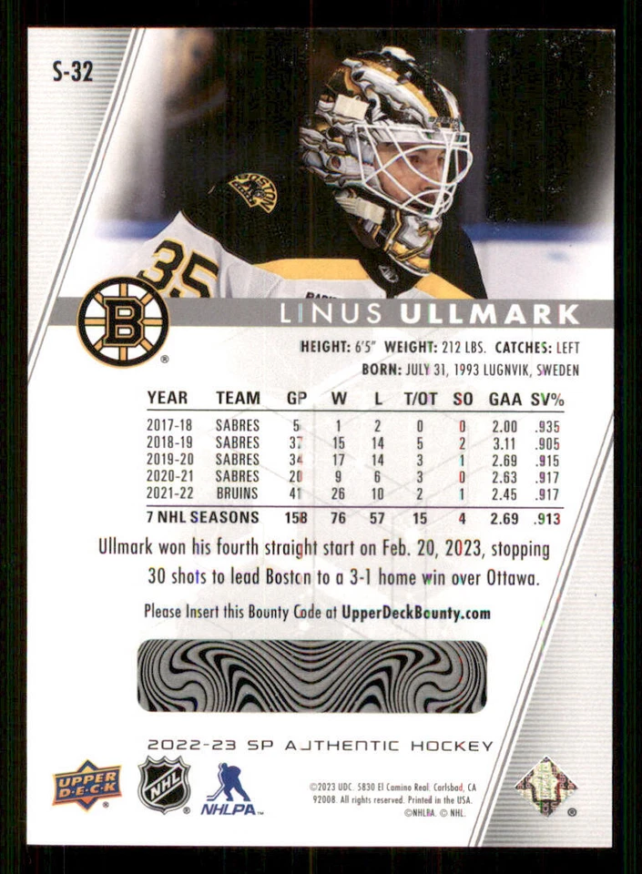 2022-23 SP Authentic Spectrum FX #S32 Linus Ullmark - Image 2 of 2