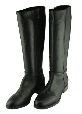 Karl Lagerfeld Seine Black Leather Knee High Ridding Boots Size 9M Stud Heal Zip