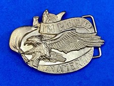 I'm Proud to be an American belt buckle, cutout ribbon and bald eagle 